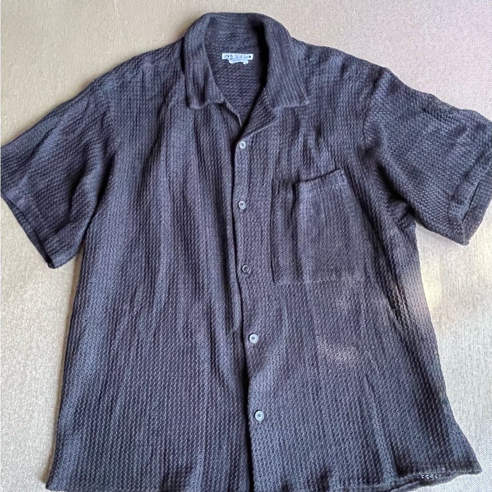 Zara Textured Black Casual Button-Down Shirt